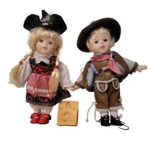 Porcelain 9" Dolls Set Of 2 German Rf Collection Pre-Owned Stands Included